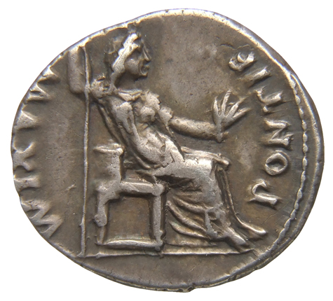 Augustus reverse — Female figure,, draped, seated right, holding branch in left hand and leaning right on sceptre