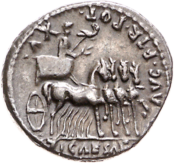 RIC I (second edition) Augustus 222 Augustus reverse, Tiberius, laureate, standing right in quadriga, holding laurel branc...