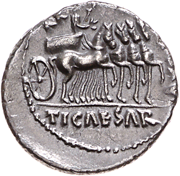 Augustus reverse — Tiberius, laureate, standing right in quadriga, holding laurel branch in right and sceptre in left; horses face right