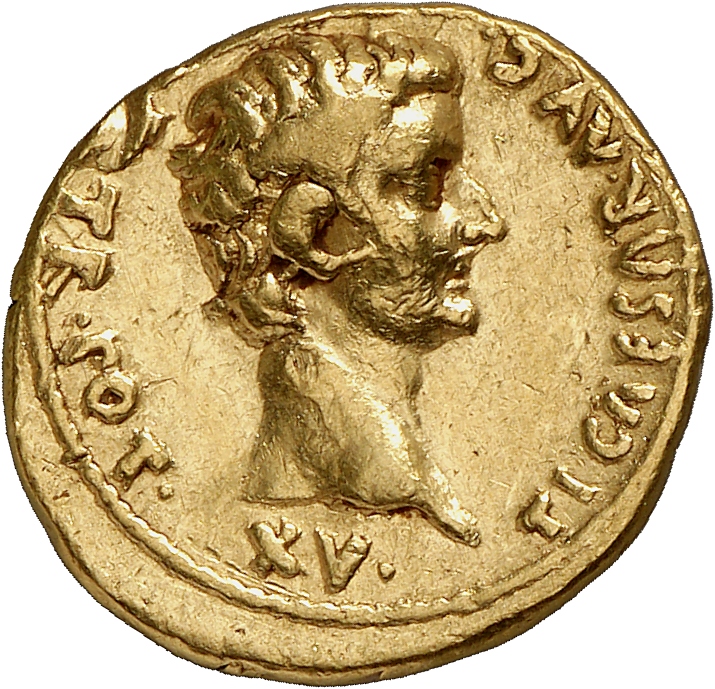 Augustus reverse — Head of Tiberius, bare, right
