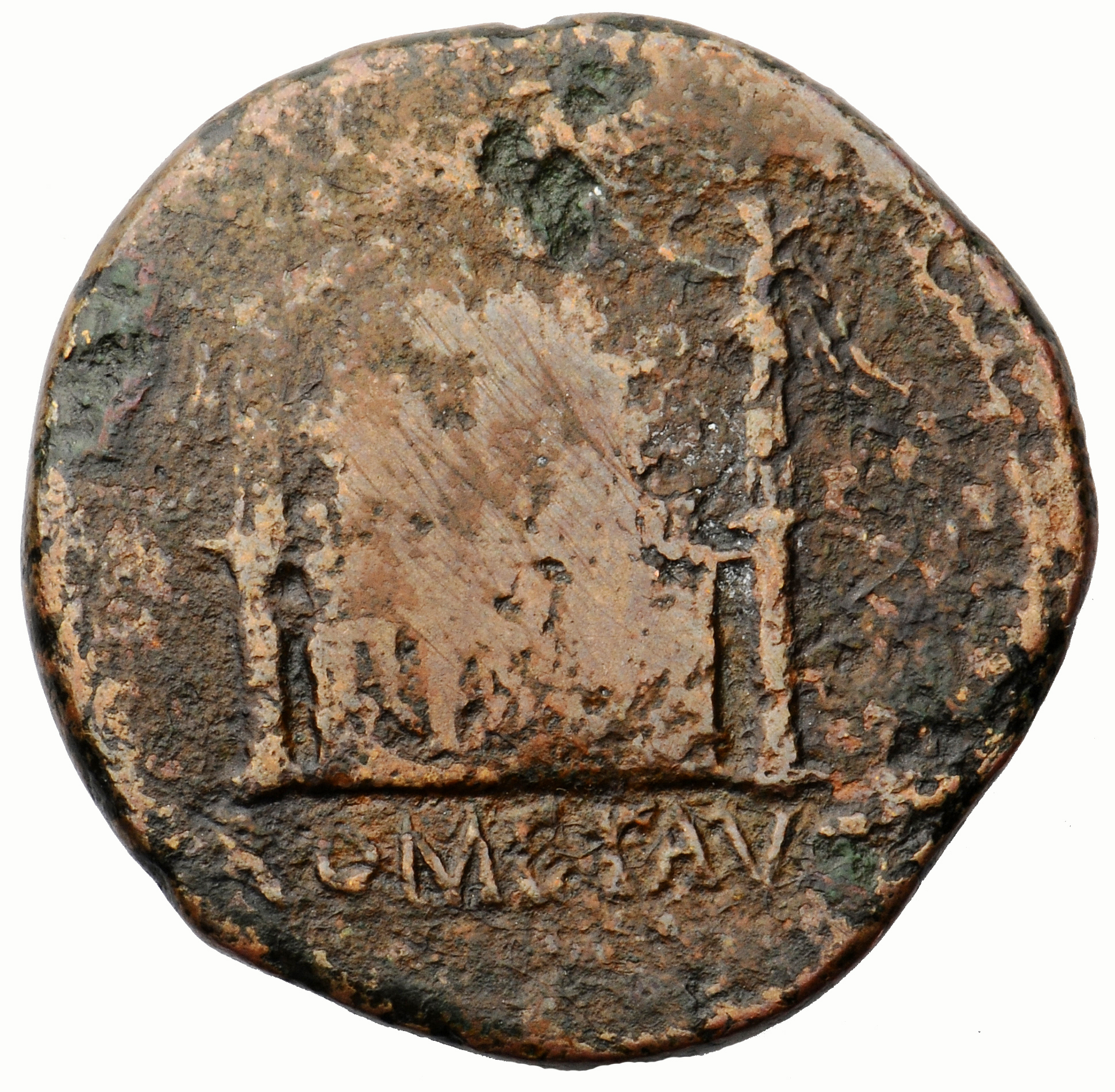 Augustus reverse — Altar highly decorated with corona civica, laurels, and nude male figures; Victories flanking