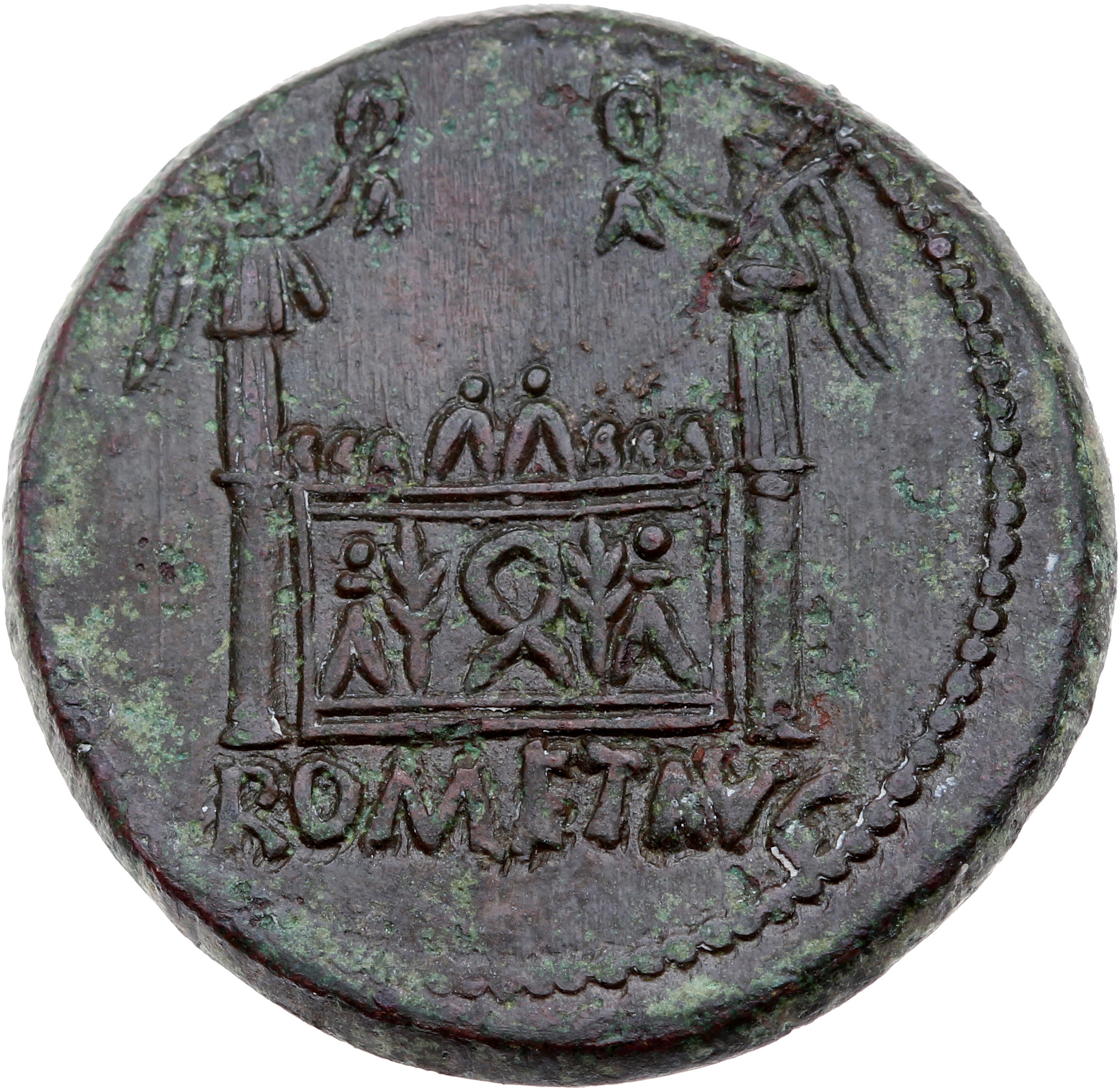 RIC I (second edition) Augustus 232 Augustus reverse, Altar highly decorated with corona civica, laurels, and nude male fi...