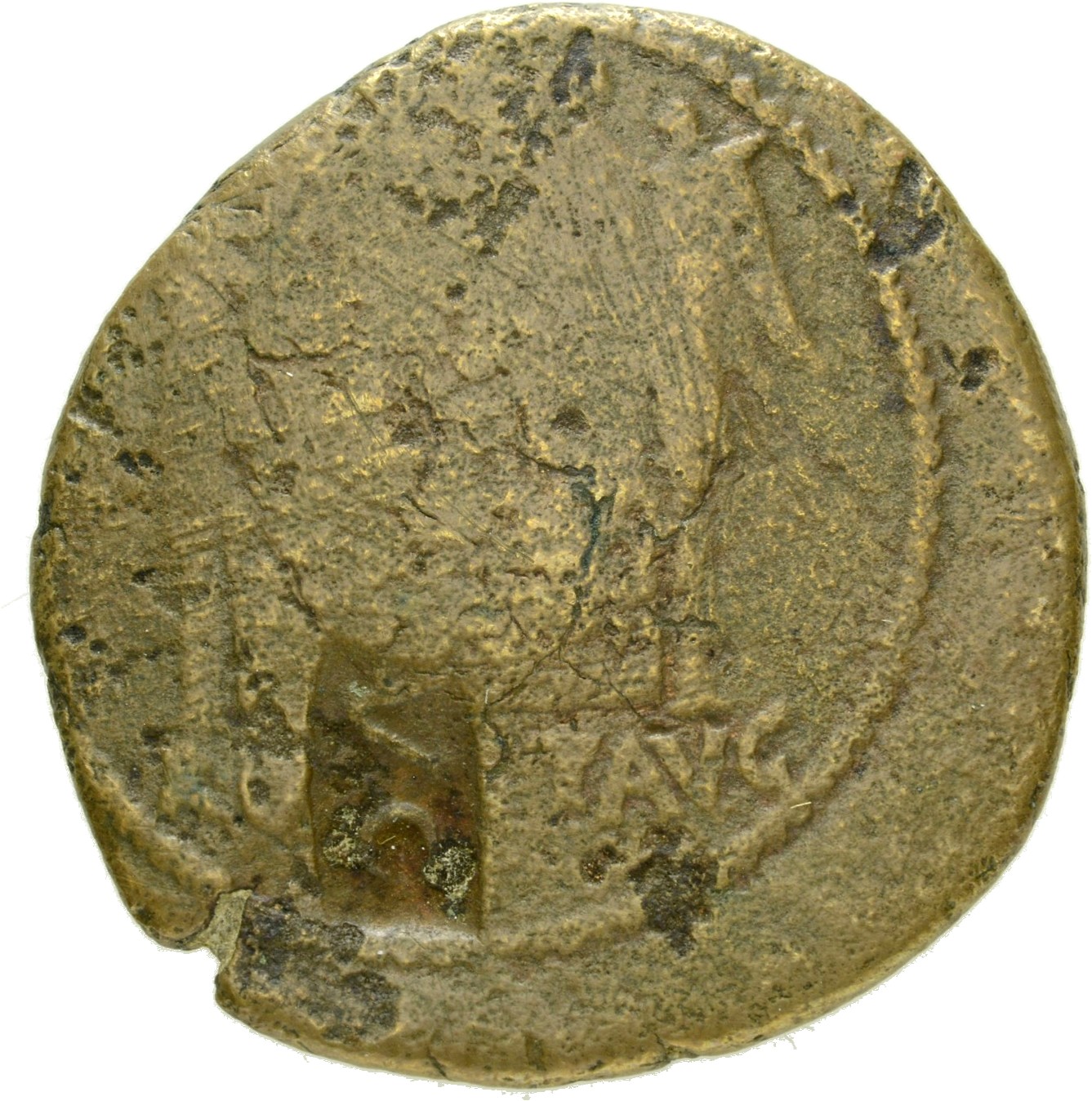 Augustus reverse — Altar highly decorated with corona civica, laurels, and nude male figures; Victories flanking