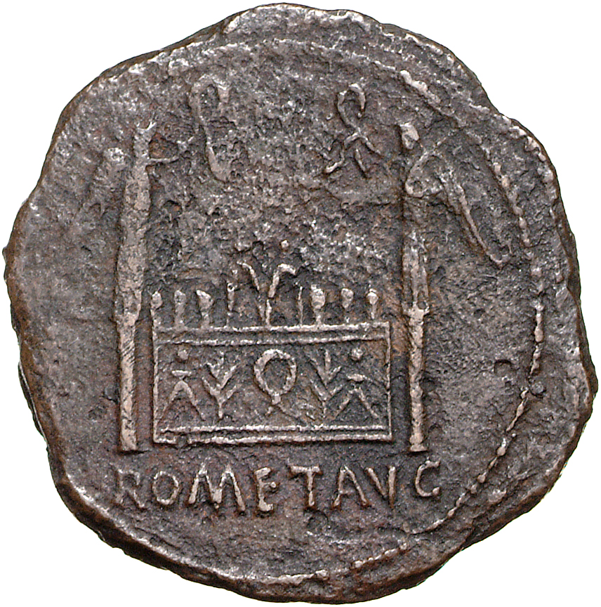 RIC I (second edition) Augustus 233 Augustus reverse, Altar highly decorated with corona civica, laurels, and nude male fi...