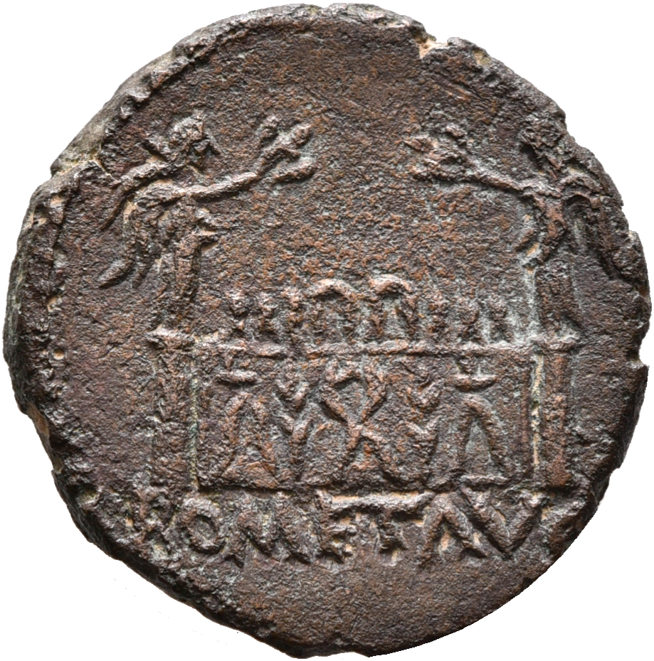 RIC I (second edition) Augustus 233 Augustus reverse — Altar highly decorated with corona civica, laurels, and nude male f...
