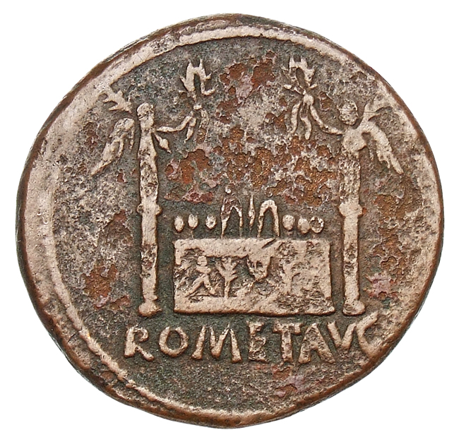 RIC I (second edition) Augustus 237 Augustus reverse, Altar highly decorated with corona civica, laurels, and nude male fi...