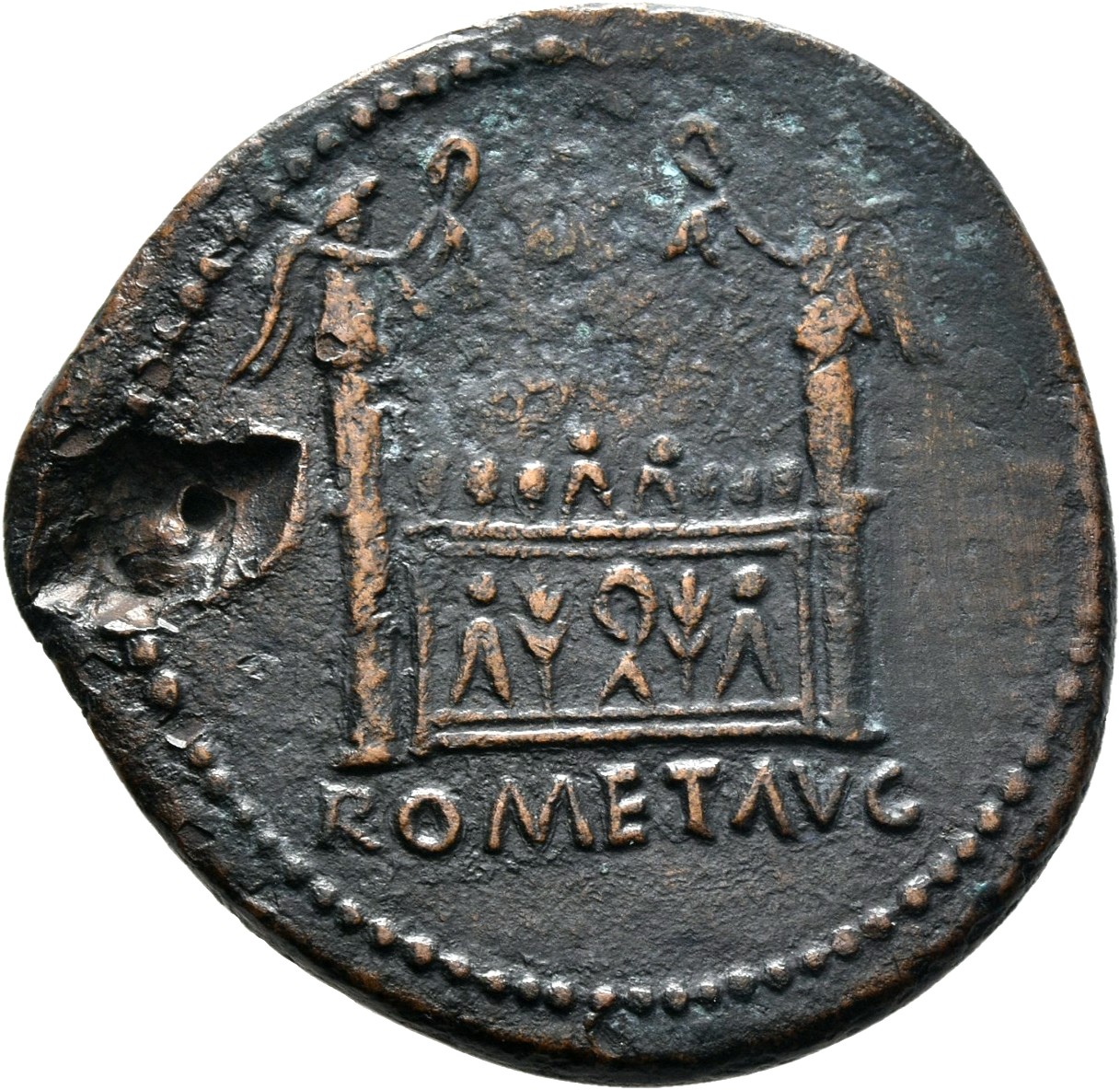 RIC I (second edition) Augustus 238A Augustus reverse — Altar highly decorated with corona civica, laurels, and nude male ...