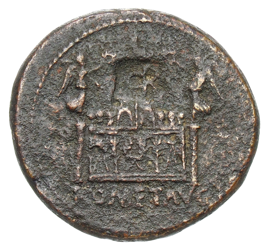 Augustus reverse — Altar highly decorated with corona civica, laurels, and nude male figures; Victories flanking