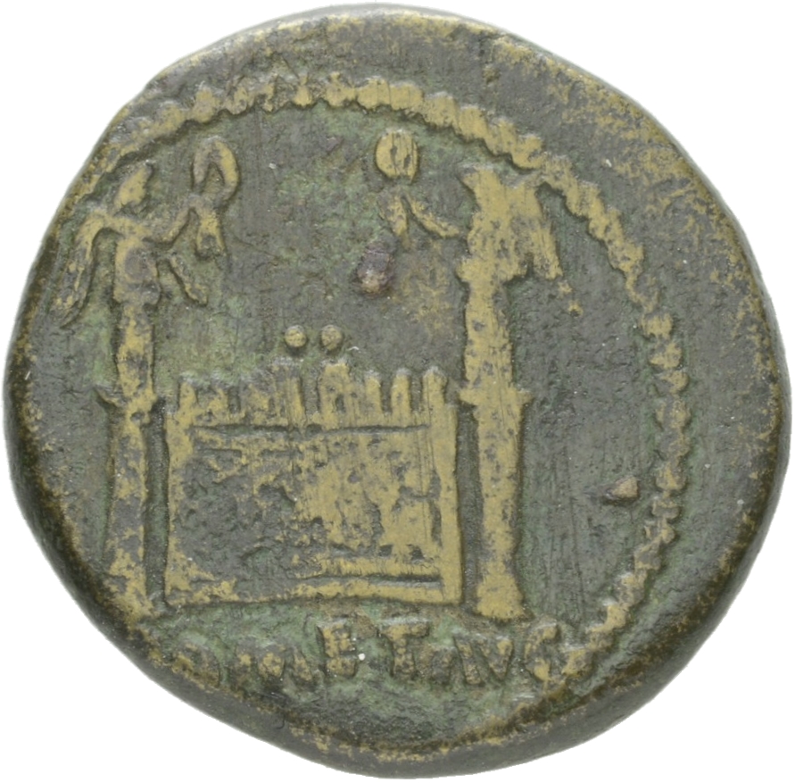 RIC I (second edition) Augustus 246 Augustus reverse, Altar highly decorated with corona civica, laurels, and nude male fi...