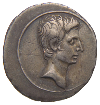 Augustus obverse — Head of Octavian, bare, right