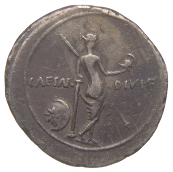 Augustus reverse — Venus standing right, leaning against column, holding transverse spear in left and helmet in right; shield depicting eight-rayed star leans against column