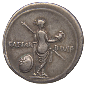 Augustus reverse — Venus standing right, leaning against column, holding transverse spear in left and helmet in right; shield depicting eight-rayed star leans against column