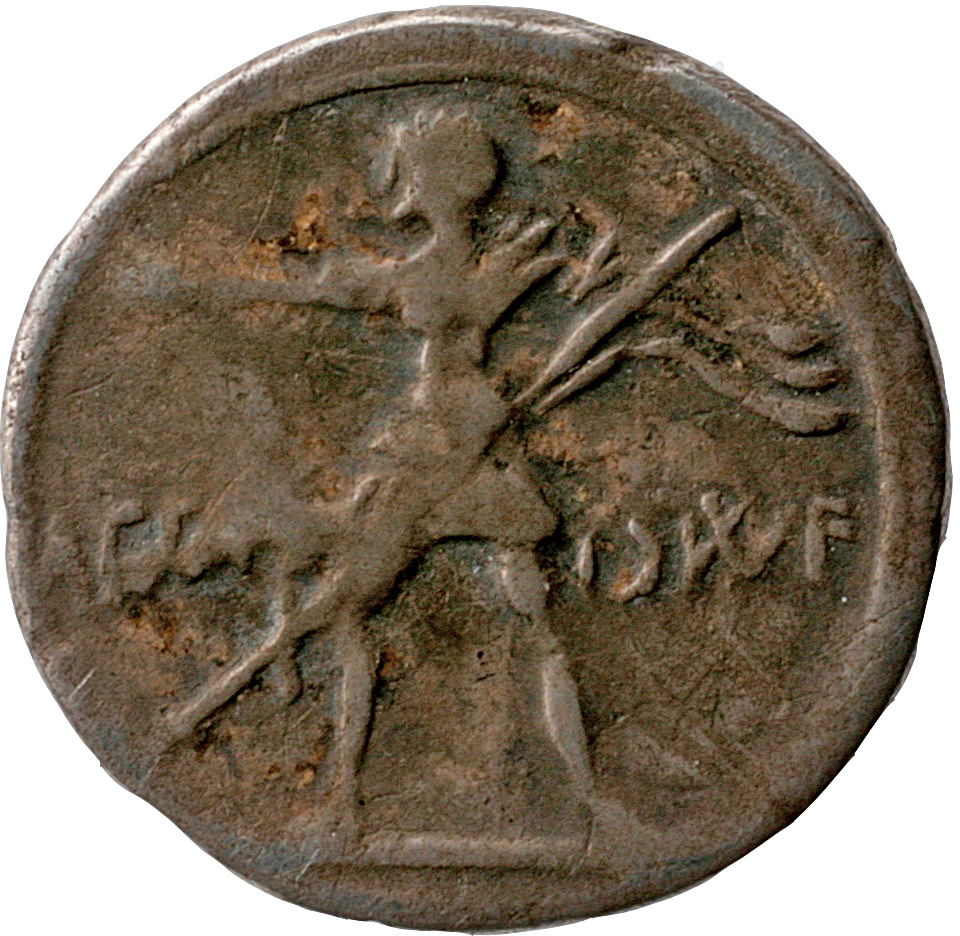 Augustus reverse — Octavian in military dress advancing left, extending right hand, and holding transverse spear in left