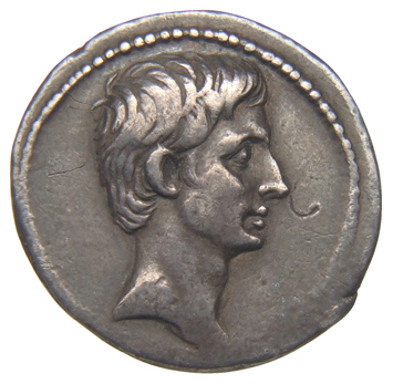 Augustus obverse — Head of Octavian, bare, right