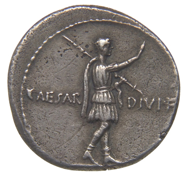 Augustus reverse — Octavian in military dress, standing right, raising right hand and left hand holding spear over shoulder