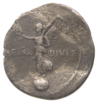 Augustus reverse — Victory, draped, standing left on globe, holding wreath in right hand and palm in left