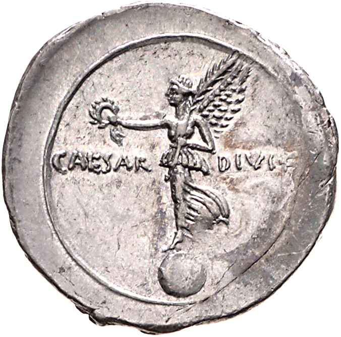 RIC I (second edition) Augustus 254B Augustus reverse, Victory, draped, standing left on globe, holding wreath in right ha...