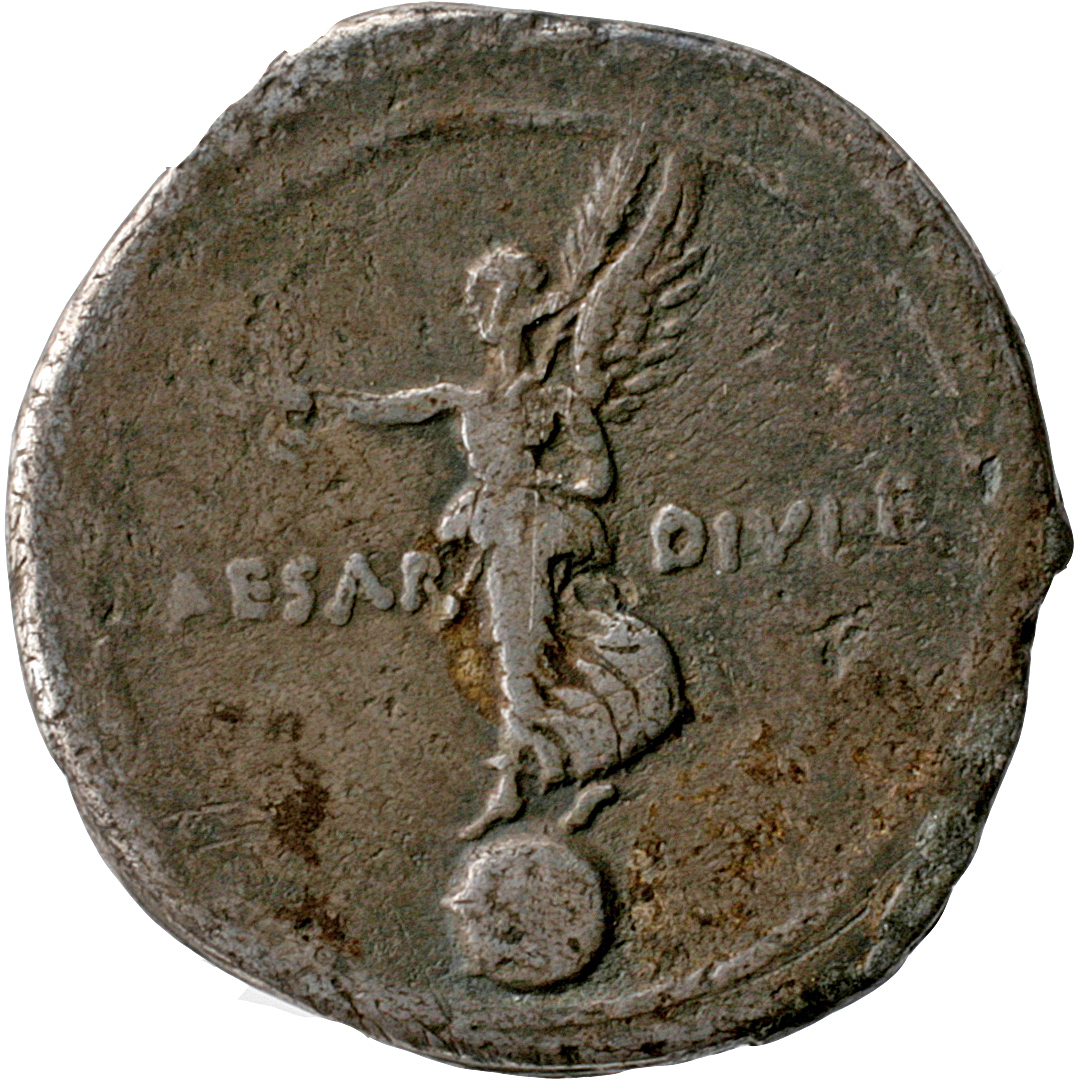 Augustus reverse — Victory, draped, standing left on globe, holding wreath in right hand and palm in left