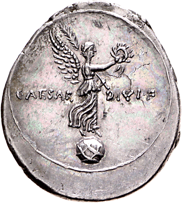 RIC I (second edition) Augustus 255 Augustus reverse, Victory, draped, standing right on globe, holding wreath in right ha...