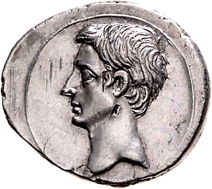 Augustus obverse — Head of Octavian, bare, left