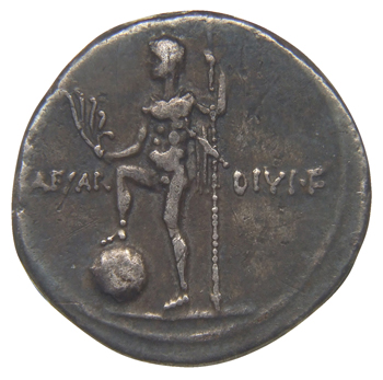 Augustus reverse — Naked male figure standing left, right foot on globe, holding aplustre in right hand and spear in left