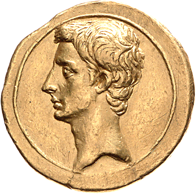 Augustus obverse — Head of Octavian, bare, left
