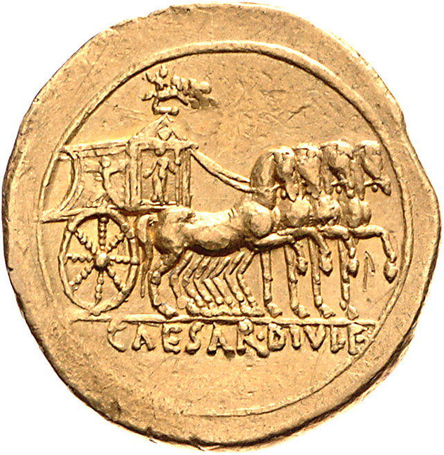 Augustus reverse — Slow quadriga right, with four miniature horses