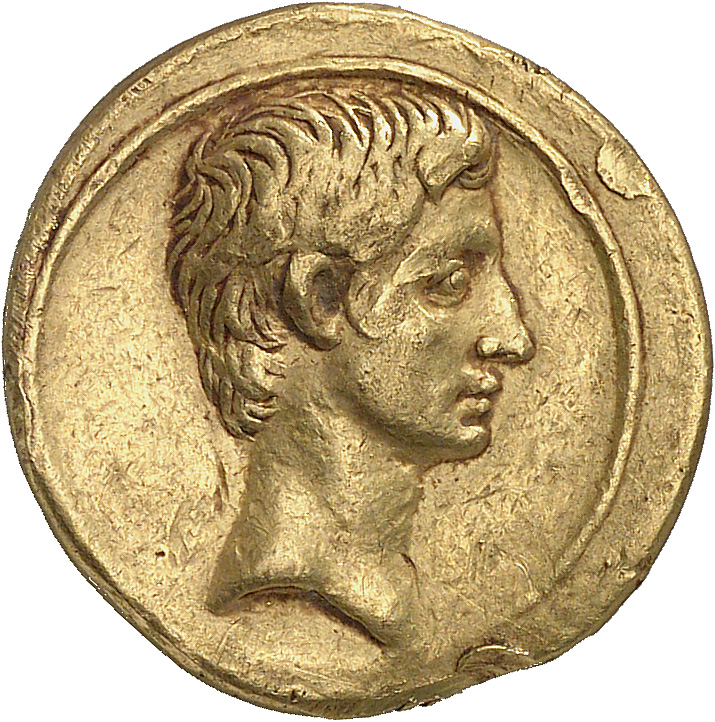 Augustus obverse — Head of Octavian, bare, right