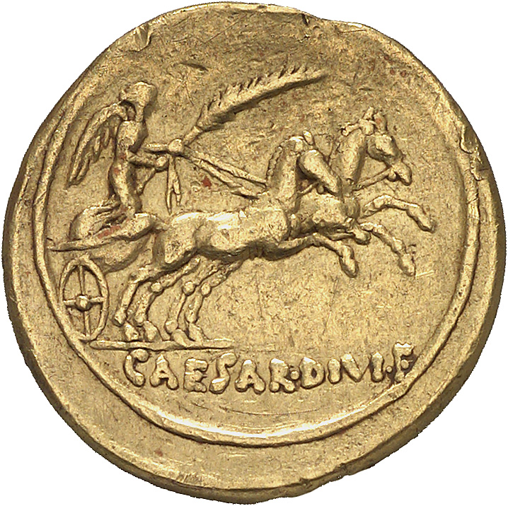Augustus reverse — Victory in biga, right, right hand holding long palm, left hand holding reins