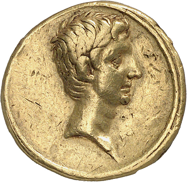 Augustus obverse — Head of Octavian, bare, right