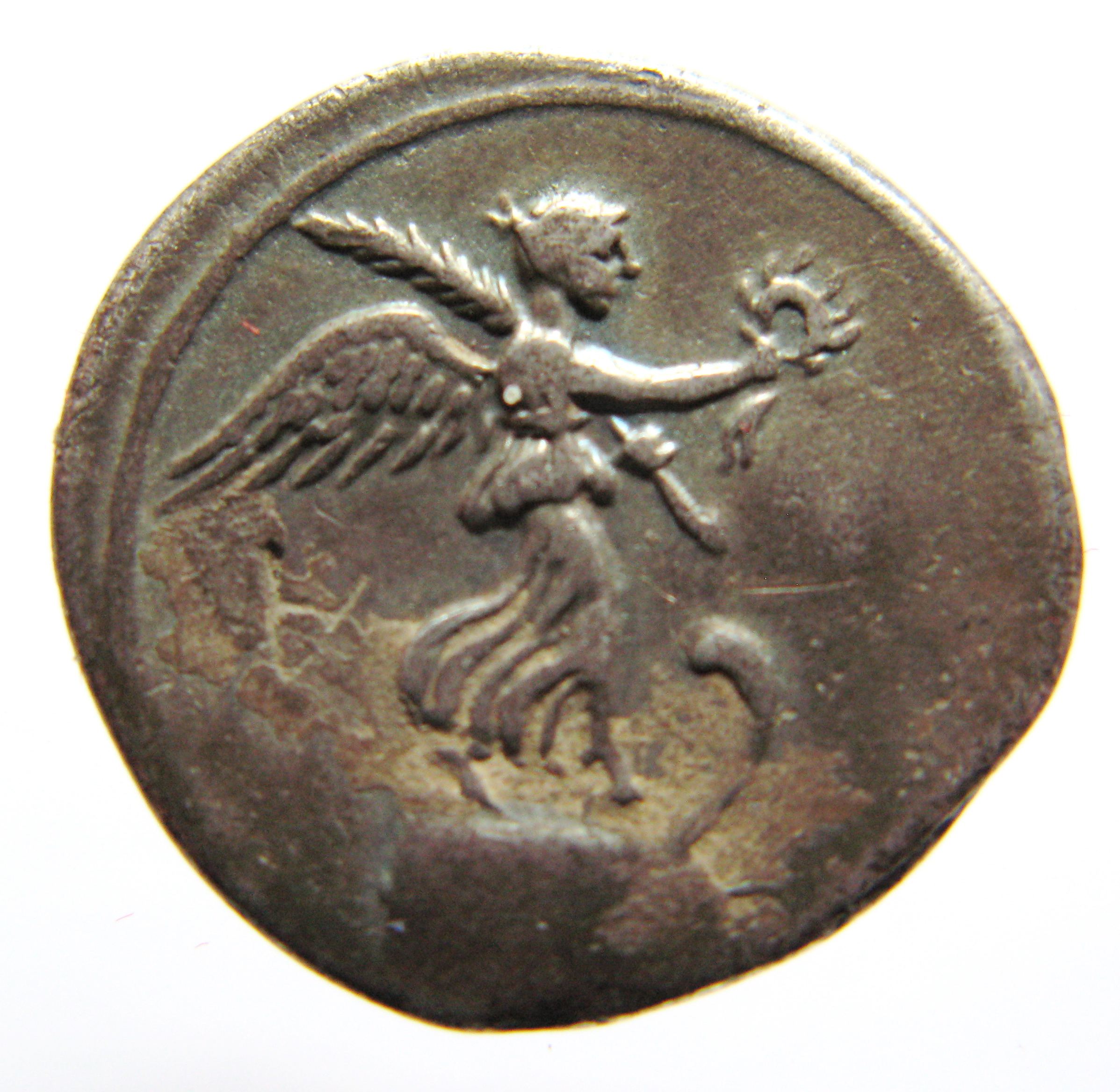 Augustus obverse — Victory standing right, on prow, holding wreath in right hand and palm in left