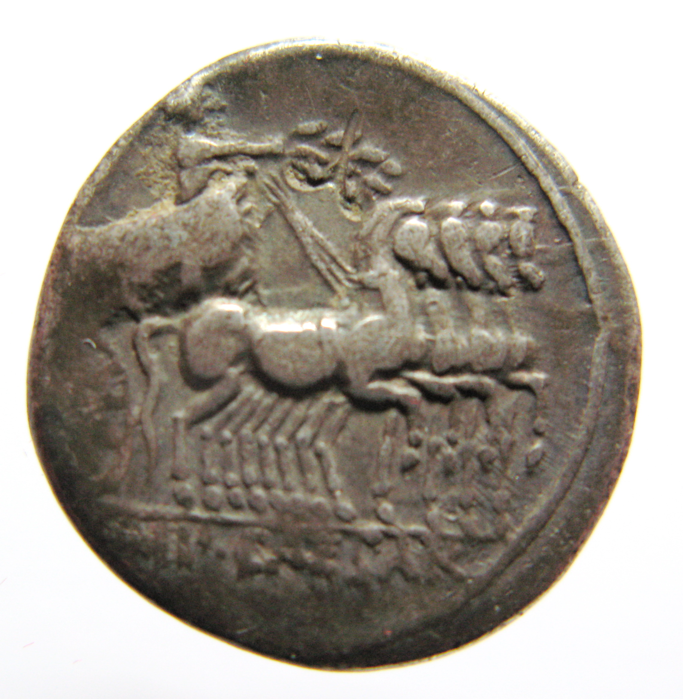 Augustus reverse — Octavian standing in quadriga right, holding branch in right and reins in left