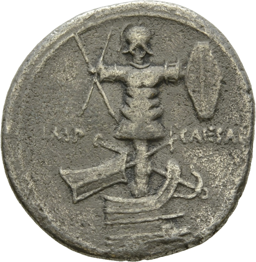 RIC I (second edition) Augustus 265A Augustus reverse, Trophy, rudder and anchor on base, all on prow
