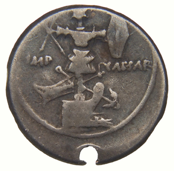 RIC I (second edition) Augustus 265B Augustus reverse, Trophy, rudder and anchor on base, all on prow