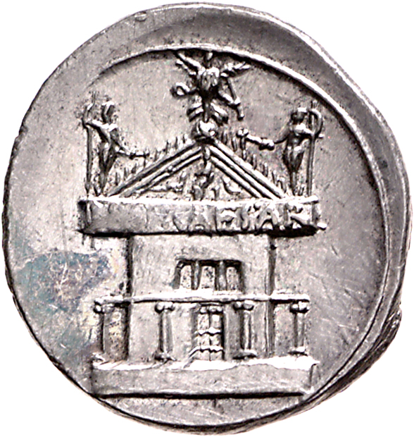 RIC I (second edition) Augustus 266 Augustus reverse, Legend in pediment of colonnaded temple; Victory on globe at apex, w...