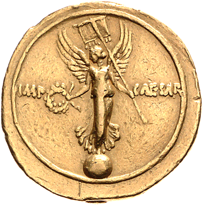 Augustus reverse — Victory, draped, standing front on globe, head left, holding wreath in right hand and vexillum over left shoulder