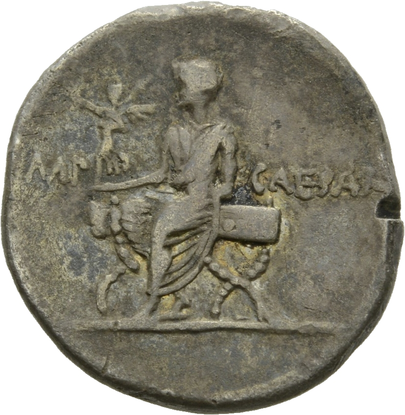 RIC I (second edition) Augustus 270 Augustus reverse, Octavian, togate, seated left, on curule chair, holding Victoriola i...