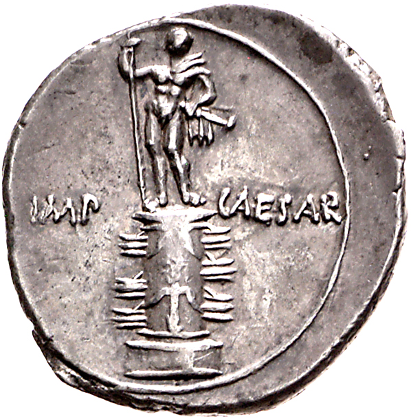 RIC I (second edition) Augustus 271 Augustus reverse, Rostral column with prows of ships; on top, statue of Octavian