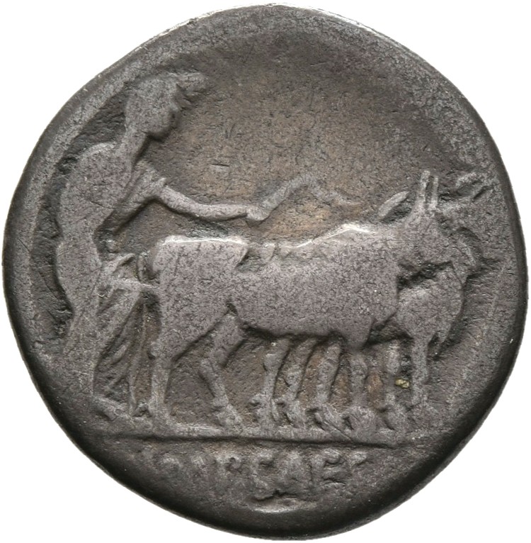 RIC I (second edition) Augustus 272 Augustus reverse — Octavian, veiled and draped, driving a yoke of oxen right, whip in ...