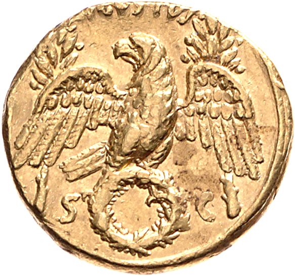 Augustus reverse — Eagle, wings spread, standing front, head left, on oak-wreath; two laurel branches behind