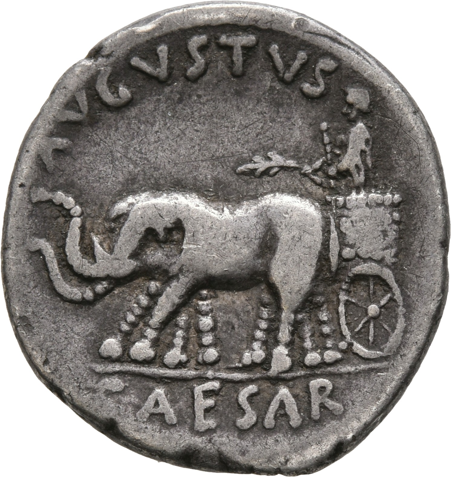 RIC I (second edition) Augustus 283 Augustus reverse — Augustus standing in biga of elephants, left, holding laurel branch...