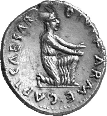 RIC I (second edition) Augustus 292 Augustus reverse — Armenian, wearing tiara and robe, kneeling right, extending both hands