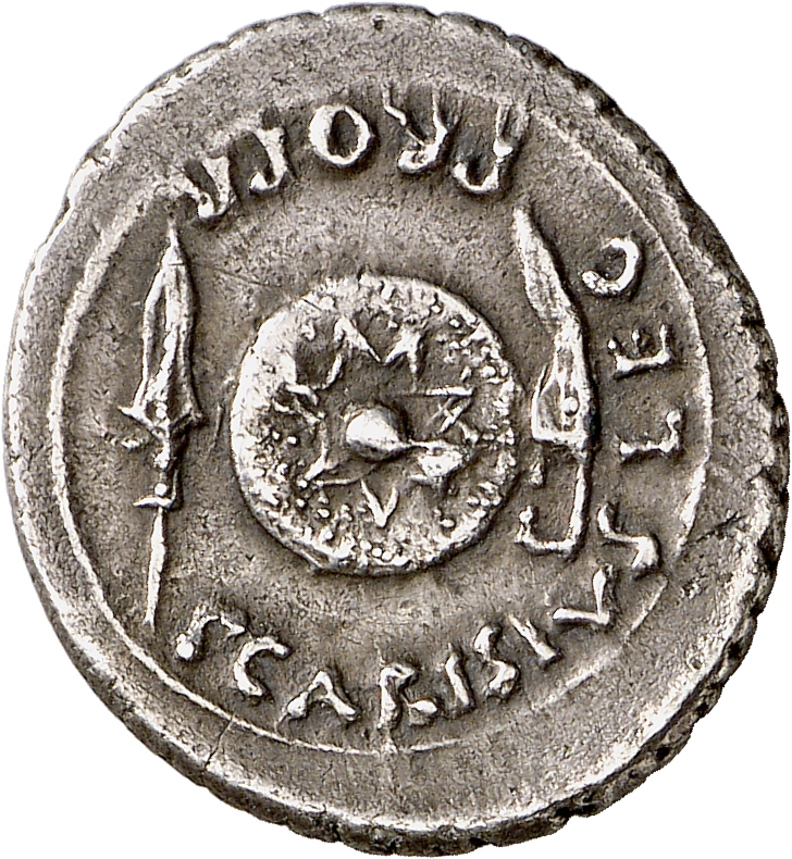 Augustus reverse — Round shield, spear-head, and curved sword