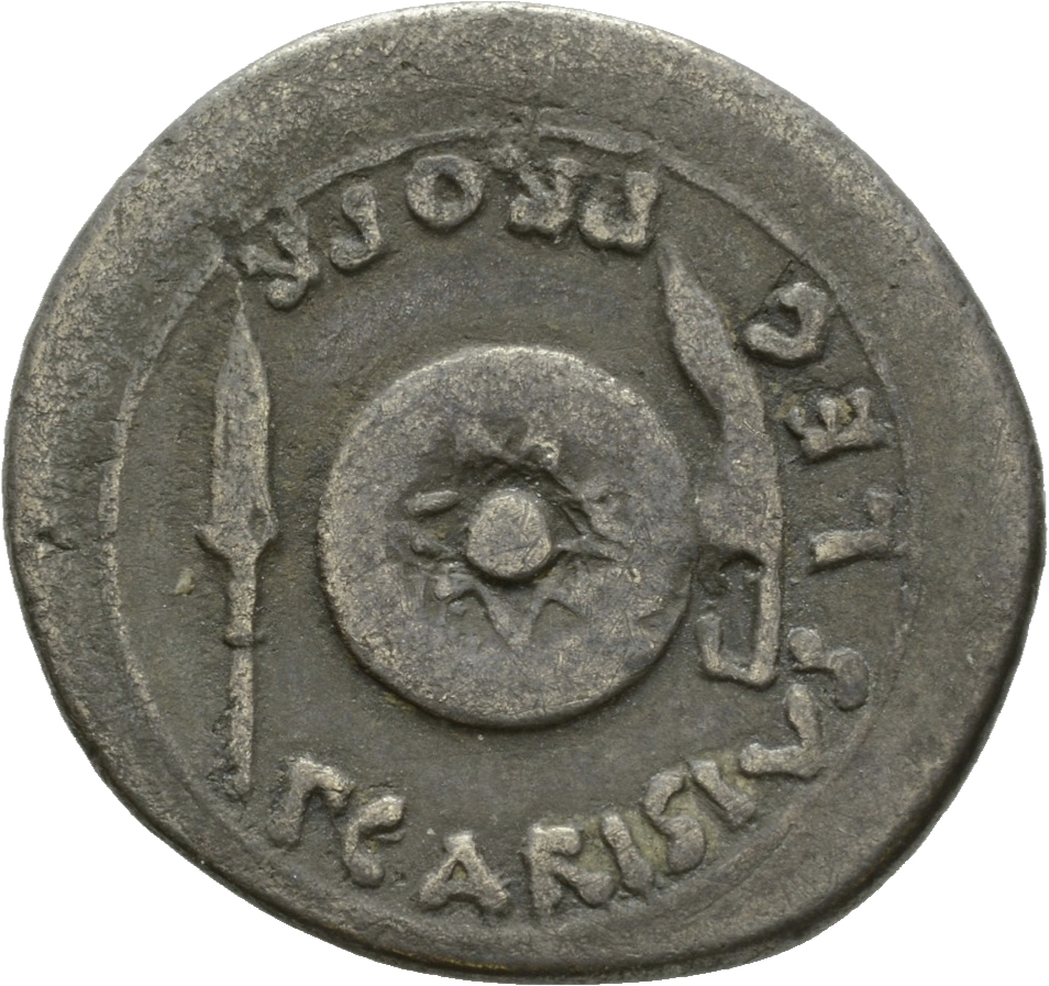 Augustus reverse — Round shield, spear-head, and curved sword