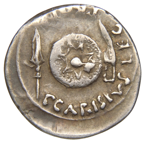 Augustus reverse — Round shield, spear-head, and curved sword