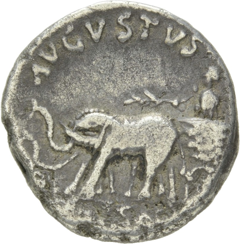 RIC I (second edition) Augustus 301 Augustus reverse — Augustus standing in biga of elephants, left, holding laurel branch...
