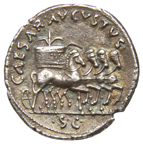 RIC I (second edition) Augustus 303 Augustus reverse — Slow quadriga right, with round basket-like car and three grain stalks