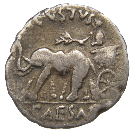 RIC I (second edition) Augustus 311 Augustus reverse, Augustus standing in biga of elephants, left, holding laurel branch ...
