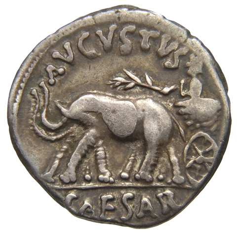 RIC I (second edition) Augustus 311 Augustus reverse — Augustus standing in biga of elephants, left, holding laurel branch...