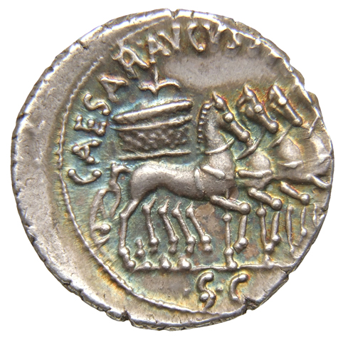 Augustus reverse — Slow quadriga right, with round basket-like car and three grain stalks